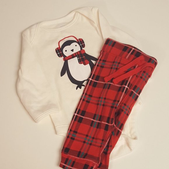 Old Navy Winter Penguin Red Plaid Onesie Set - Picture 1 of 6